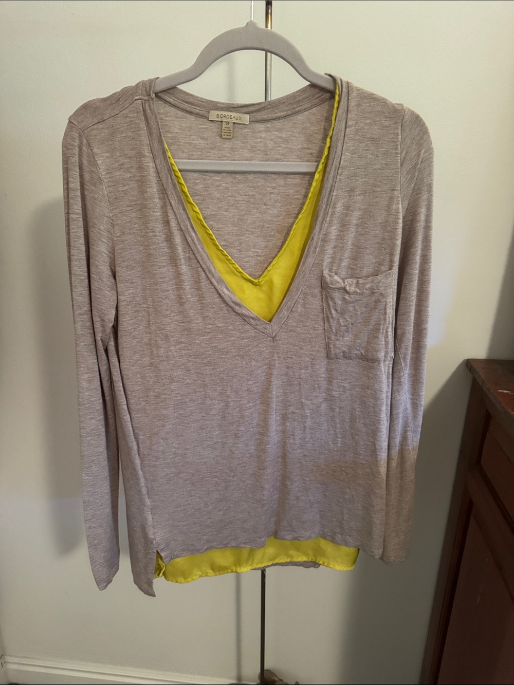 Bordeaux Taupe And Yellow Long-Sleeve Double Layer V-Neck Top.